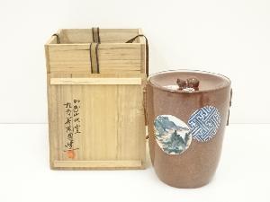 九谷焼　九谷美陶園窯造　倣古九谷山水丸紋水指（共箱）